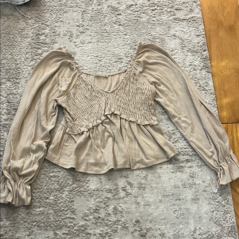 Altar'd State Beige Smocked Peplum Long-Sleeve Top